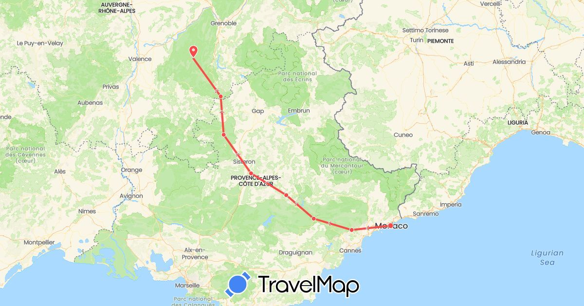 TravelMap itinerary: driving, hiking in France, Monaco (Europe)